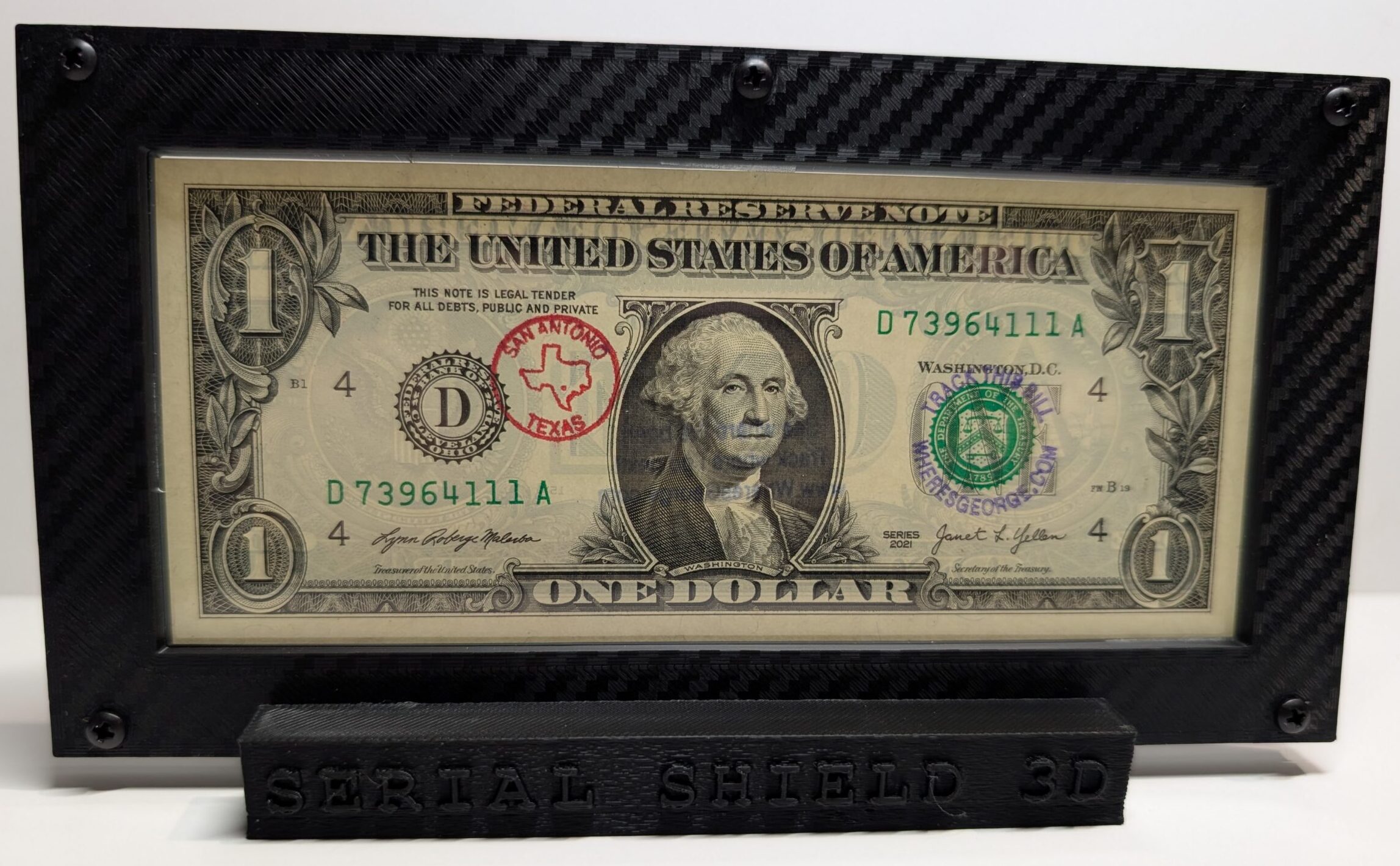 Black carbon fiber Serial Shield 3D currency frame with 7 mil Mylar window