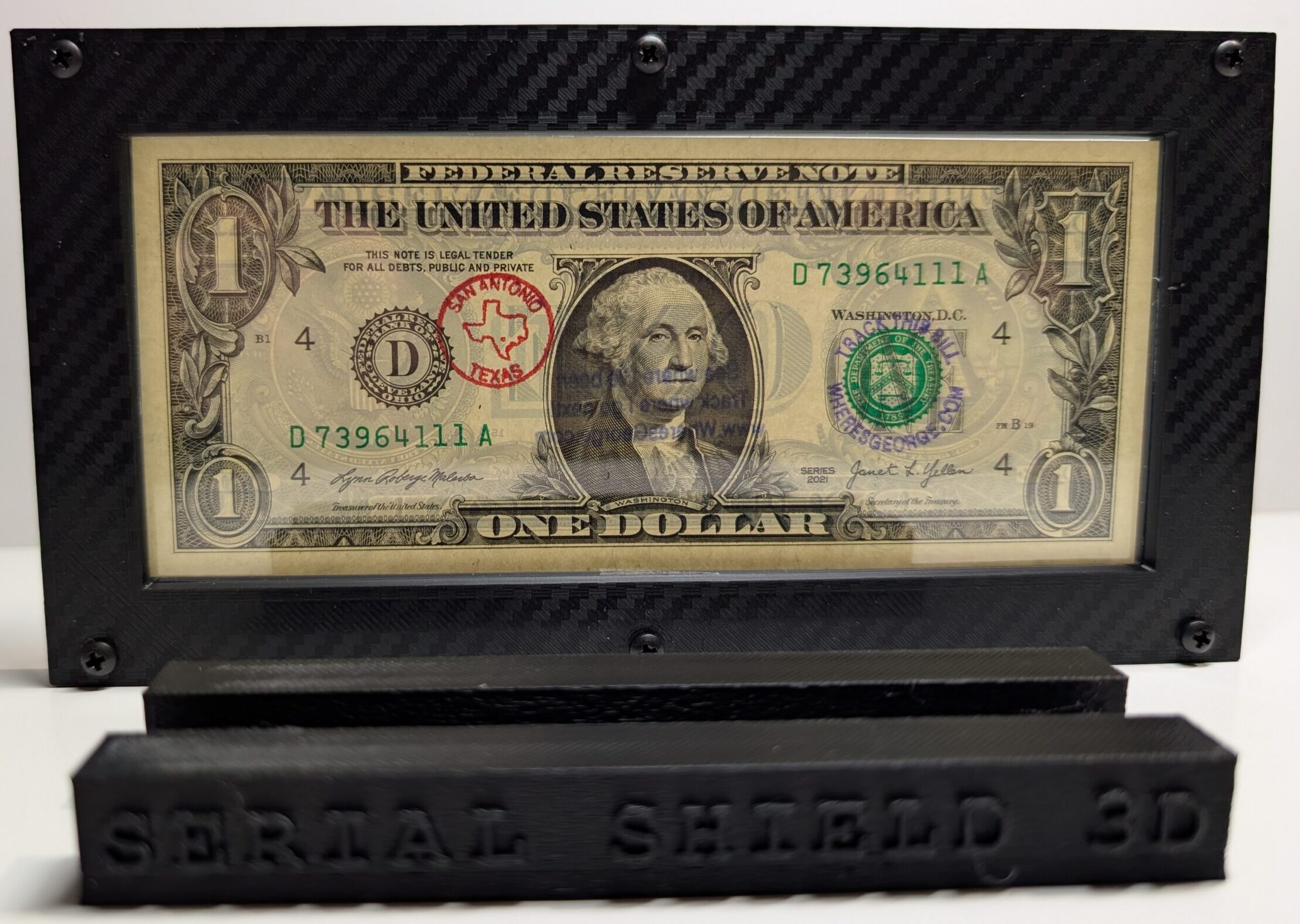Black carbon fiber Serial Shield 3D currency frame with stand and 7 mil Mylar window