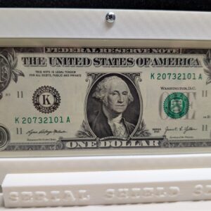 White carbon fiber Serial Shield 3D currency frame with stand and 7 mil Mylar window