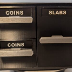 Full front view of the Serial Shield 3D modular PETG coin capsule and graded slab storage system with two coin drawers and one slab drawer